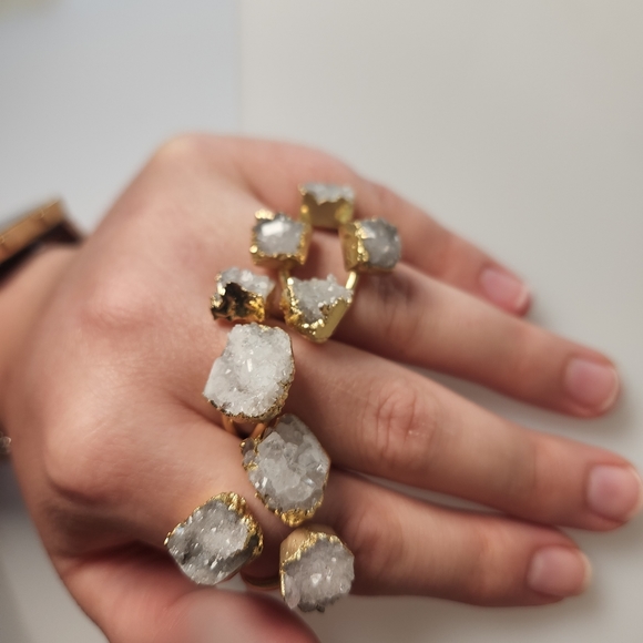 Triple Stone Druzy Quartz Adjustable Gold-Plated Ring - Picture 3 of 5